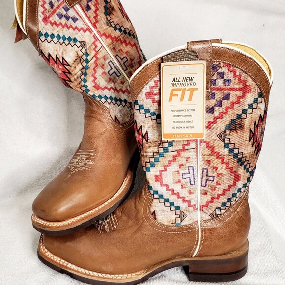 ROPER- Big Kids Girls "MARGO" WESTERN COWBOY BOOTS- Aztec Design- Size: 7Y / 9W - Picture 1 of 17
